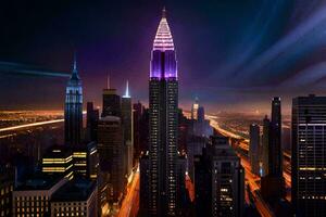 the chrysler building is lit up purple and white. AI-Generated photo