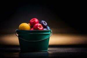 un Cubeta lleno con Fruta en un oscuro antecedentes. generado por ai foto