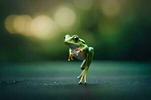 a frog is jumping on a green surface. AI-Generated photo