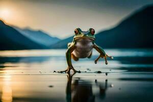 a frog jumping into the water at sunset. AI-Generated photo