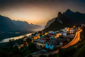 un pueblo en el montañas a oscuridad. generado por ai foto