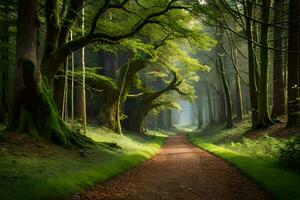 un camino mediante un bosque con arboles y verde césped. generado por ai foto