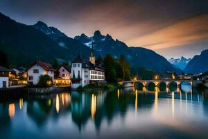 a town and bridge over a river at dusk. AI-Generated photo