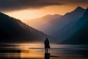 un hombre en pie en el medio de un lago a puesta de sol. generado por ai foto