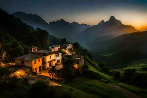 photo wallpaper the sky, mountains, sunset, the village, house, the mountains, the village. AI-Generated