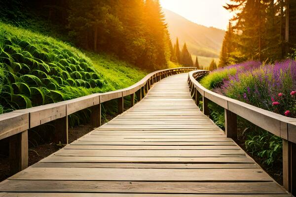 a wooden path leads to a beautiful mountain. AI-Generated
