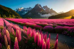 un campo de rosado flores y montañas en el antecedentes. generado por ai foto