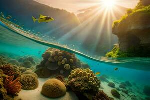 the sun shines over a coral reef and fish. AI-Generated photo