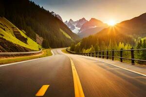 a road in the mountains with the sun setting. AI-Generated photo