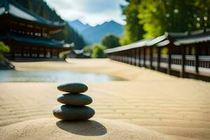a stack of rocks sitting on the sand in front of a pagoda. AI-Generated photo