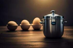an egg cooker and four eggs on a table. AI-Generated photo