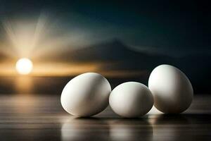 Tres huevos en un mesa con un puesta de sol en el antecedentes. generado por ai foto