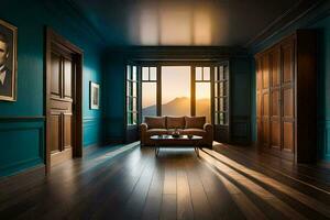 a room with blue walls and wooden floors. AI-Generated photo
