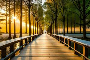 un de madera puente Guías a un lago rodeado por arboles generado por ai foto