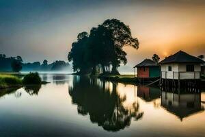 a house on the water with a foggy sunrise. AI-Generated photo