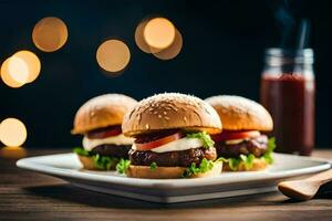 three hamburgers on a plate with a glass of beer. AI-Generated photo