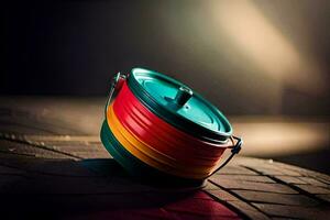 a colorful plastic container sitting on the ground. AI-Generated photo