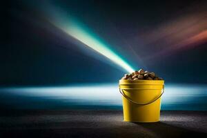 a bucket filled with nuts on a dark background. AI-Generated photo