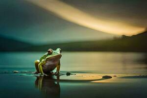 un rana sentado en el borde de un lago. generado por ai foto