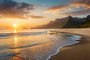 the sun rises over the ocean and mountains in the background. AI-Generated photo