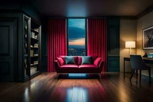a red couch sits in a room with a view of the city. AI-Generated photo