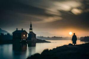 un hombre soportes en el borde de un lago a puesta de sol. generado por ai foto