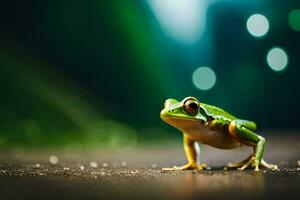 a frog is standing on the ground with a blurry background. AI-Generated photo