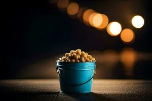 a bucket of peanuts on a table in front of a blurry background. AI-Generated photo