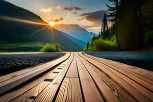 a wooden boardwalk leads to a lake and mountains. AI-Generated photo