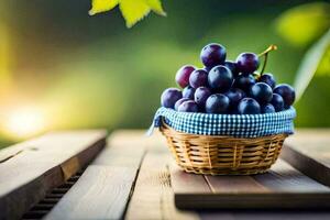 grapes in a basket on a wooden table. AI-Generated photo