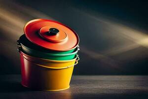 a colorful bucket with a lid on top. AI-Generated photo