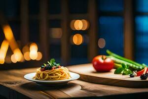 spaghetti on a wooden table with a lit background. AI-Generated photo