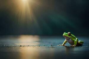 a frog sitting on the ground in front of the sun. AI-Generated photo