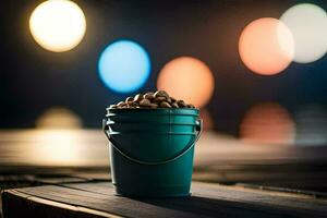 a bucket of nuts on a wooden table in front of a bokeh background. AI-Generated photo