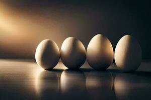 cinco huevos son forrado arriba en un fila. generado por ai foto