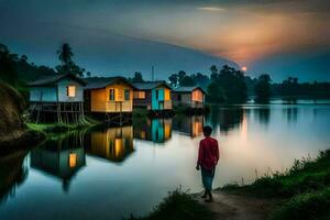 a man walking along the river with houses in the background. AI-Generated photo