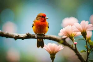 a red bird sits on a branch with pink flowers. AI-Generated photo