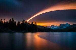 un largo exposición fotografía de un arco iris terminado un lago. generado por ai foto