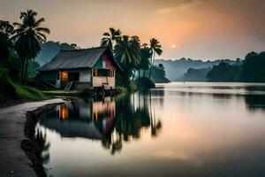 a small hut sits on the shore of a river. AI-Generated photo