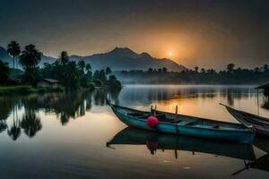 dos barcos sentar en el agua a amanecer. generado por ai foto