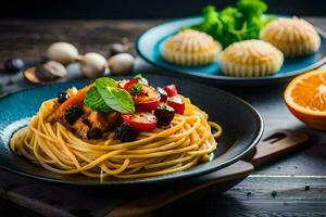 spaghetti with mushrooms and vegetables in a bowl. AI-Generated photo