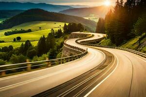 a winding road in the mountains with trees and hills. AI-Generated photo