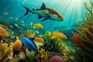 an underwater scene with fish and coral reefs. AI-Generated photo