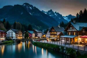 photo wallpaper the sky, mountains, river, houses, mountains, lake, mountains, lake,. AI-Generated
