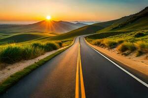 the sun rises over a road in the middle of a grassy field. AI-Generated photo