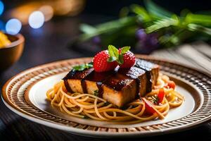 a plate with spaghetti and meat on it. AI-Generated photo