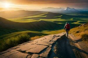 el hombre es caminando en el la carretera en el montañas. generado por ai foto