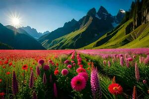 a field of flowers and mountains in the background. AI-Generated photo