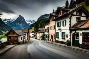 a street in the alps with mountains in the background. AI-Generated photo