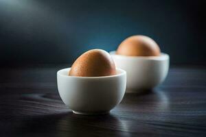 dos huevos en blanco tazas en un oscuro mesa. generado por ai foto